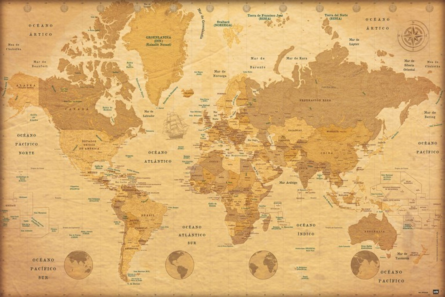 Poster Map World Vintage - Spanisch - 91,5x61cm