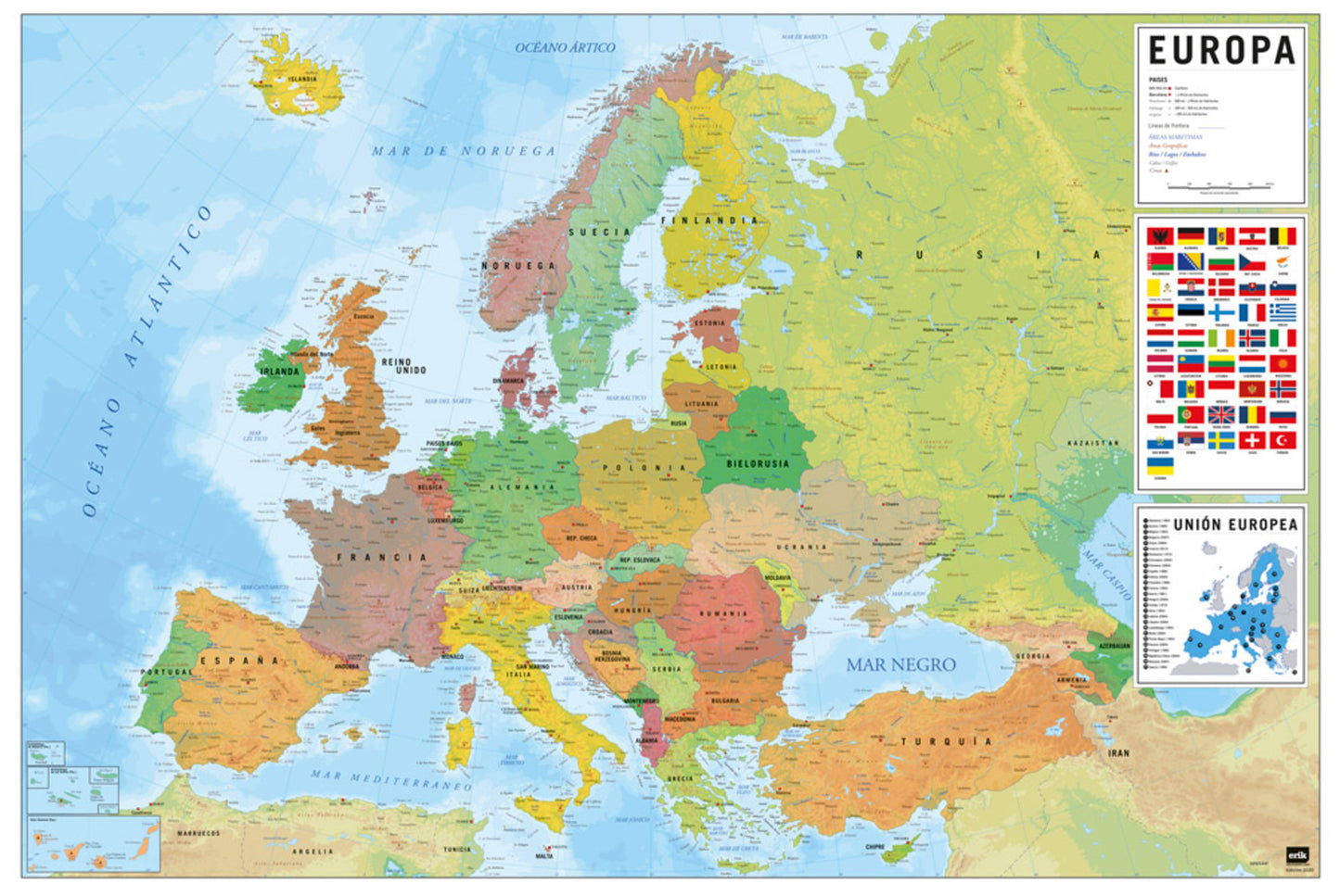 Poster Map of Europe - Physical Politic - Spanisch - 91,5x61cm